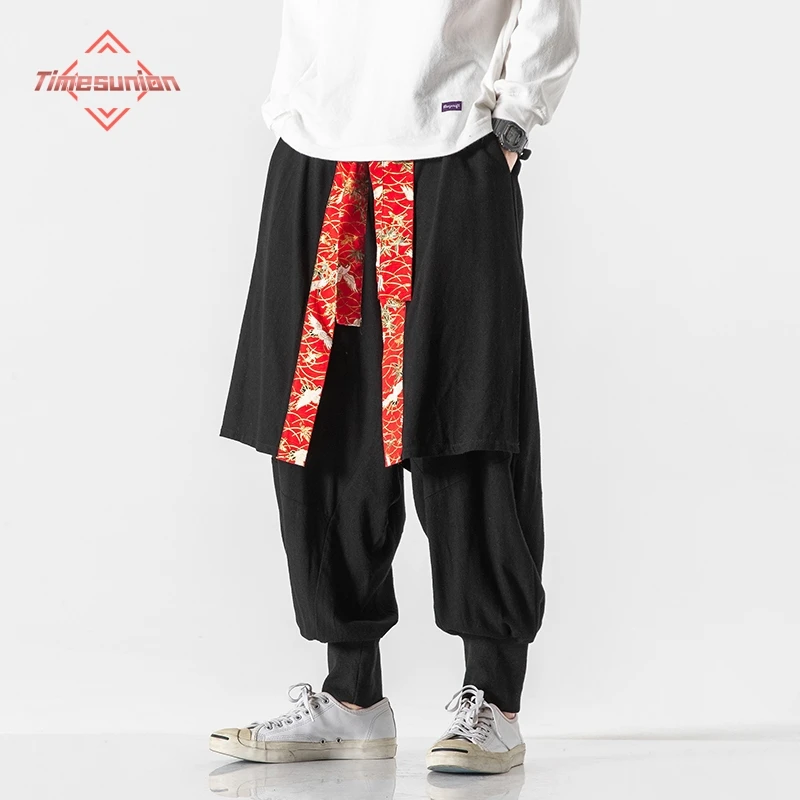 

Spring Summer Chinese Style Cotton Linen Harem Pants Man Loose Crane Embroidery Ribbon Wear Casual Pants Sweatpants