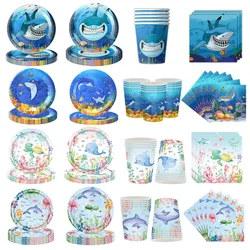 Ocean Birthday Disposable Tableware Under the Sea Party Supplies Plates Cups Napkins Shark Ocean Themed Birthday Party Decoratio