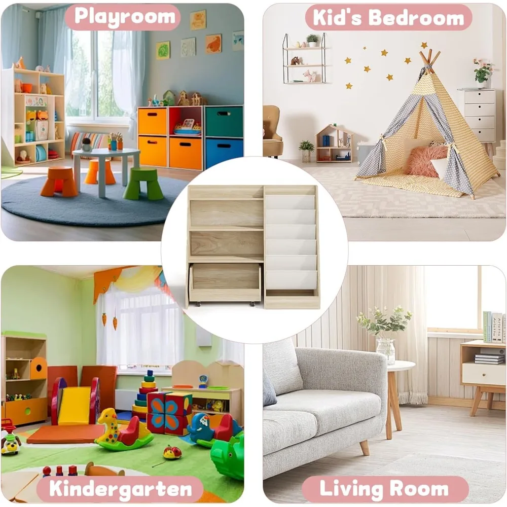 COZPAW Kids Bookshelf and Toy Storage, 4 Tier Toddler Bookshelf with Movable Drawer 5 Sling Pockets, Montessori Book Shelf for K