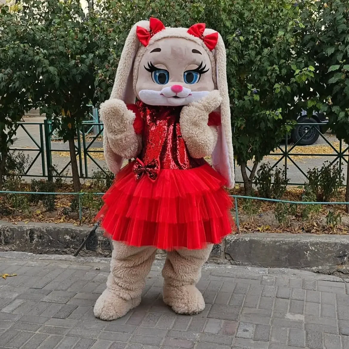 Cute Brown Hare Rabbit Mascot Costume with Red Dress Long Ears Halloween Christmas Fancy Cartoon Plush Fancy Outfits view 2