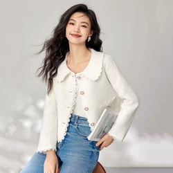 Autumn Tweed Short Jacket Women Autumn Korean Sweet Lace Stitching Weaving Coats Winter Thick Warm Elegant Office Lady Outerwear