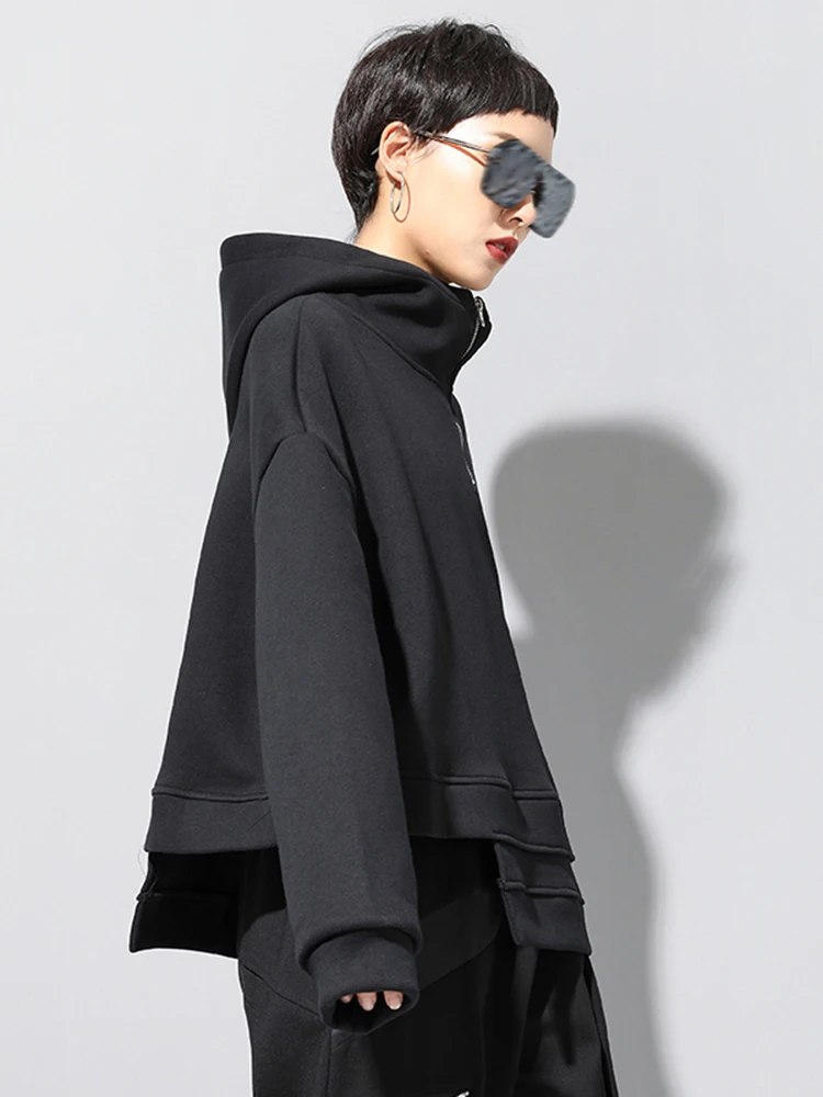 [EAM] Loose Fit Asymmetrical Big Size Sweatshirt New Hooded Long Sleeve Women Big Size Fashion Tide Spring Autumn 2024 19A-a527