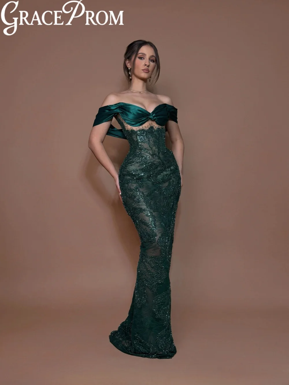 

Зеленое кружевное вечернее платье с вышивкой, блестящее свадебное платье с открытыми плечами и бисером, гламурные длинные платья для выпускного вечера по индивидуальному заказу