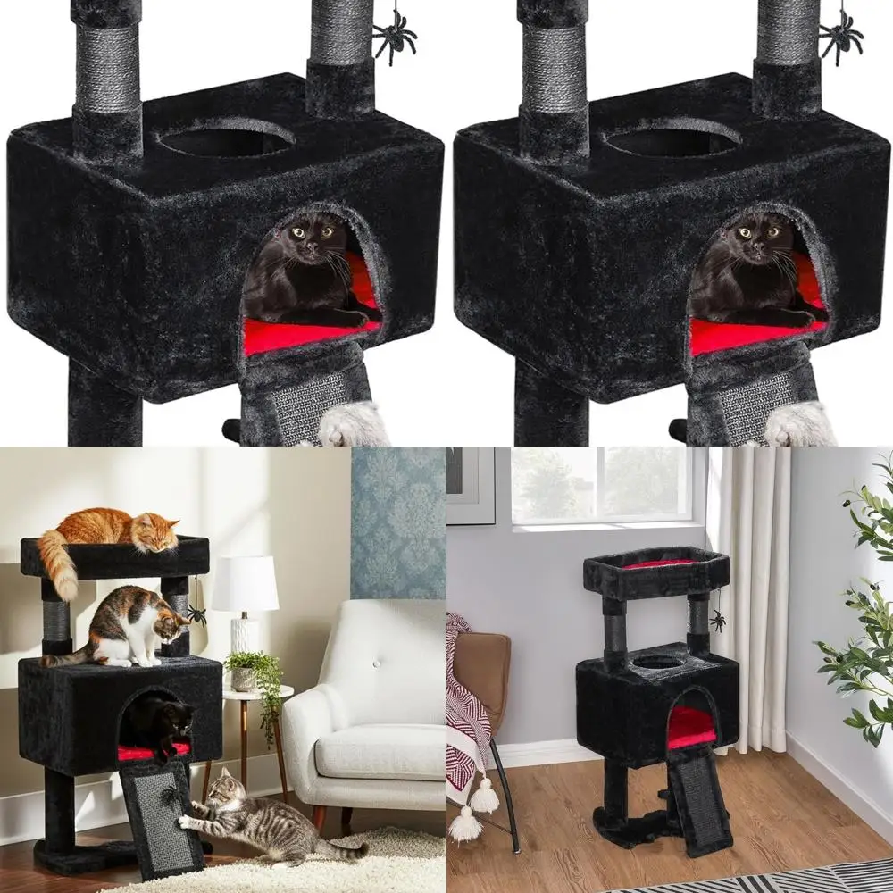 

Крытая башня в виде кошачьего дерева в готическом стиле с кроватью для гроба, кондоминизированной мельницей, когтеточками, полками и игрушкой-пауком, красный и черный, MMJ95R