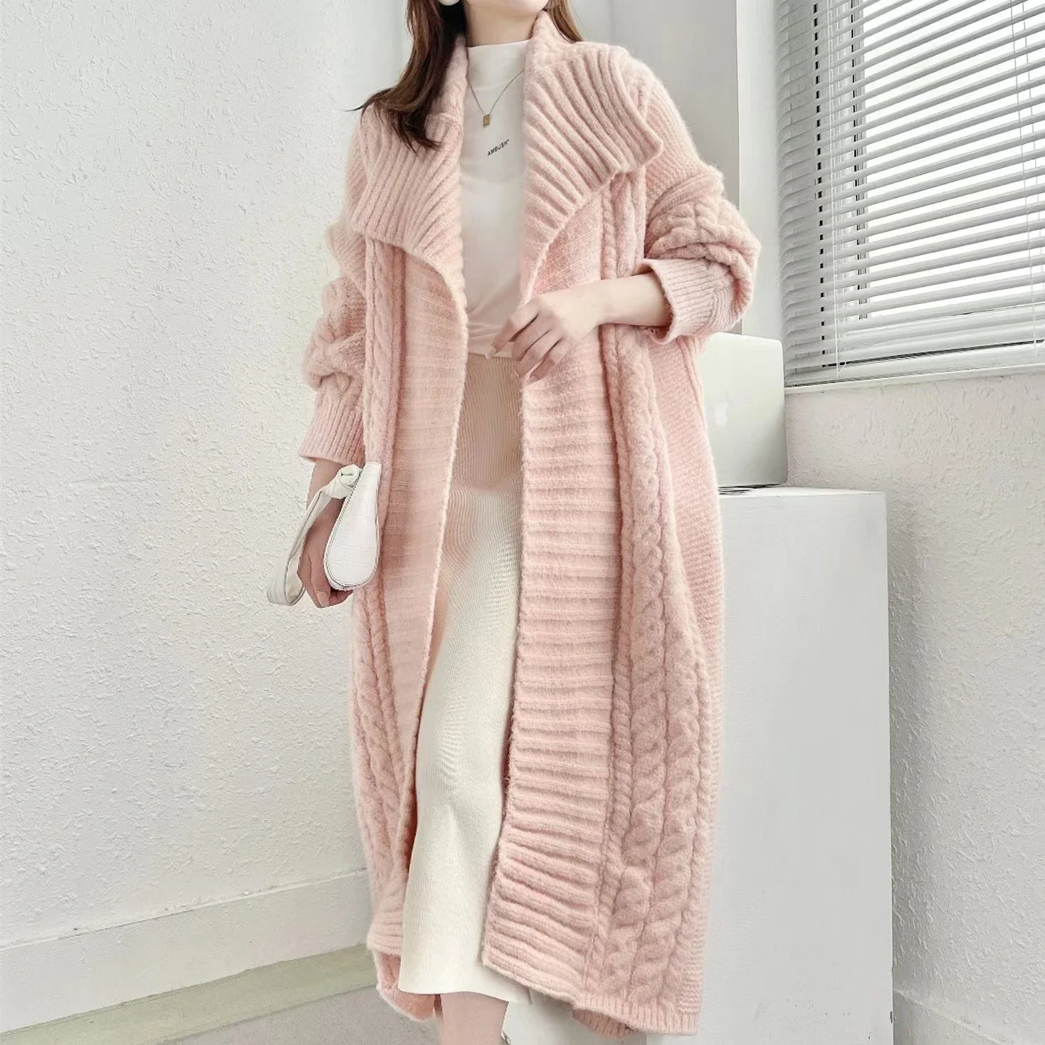 Winter Mohair Knitted Long Trench Women Fashionable Big Turn-down Neck Loose Cardigan Poncho Coat Thick Warm Streetwear Cloak