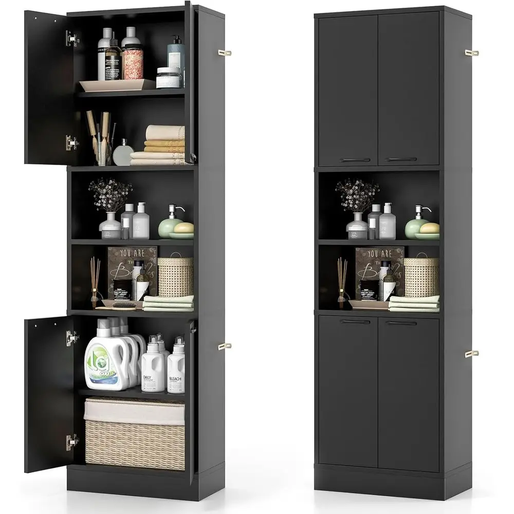75 Freestanding Tall Bathroom Floor Cabinet with 4 Doors, 2 Shelves, Anti-Tip Devices, Black