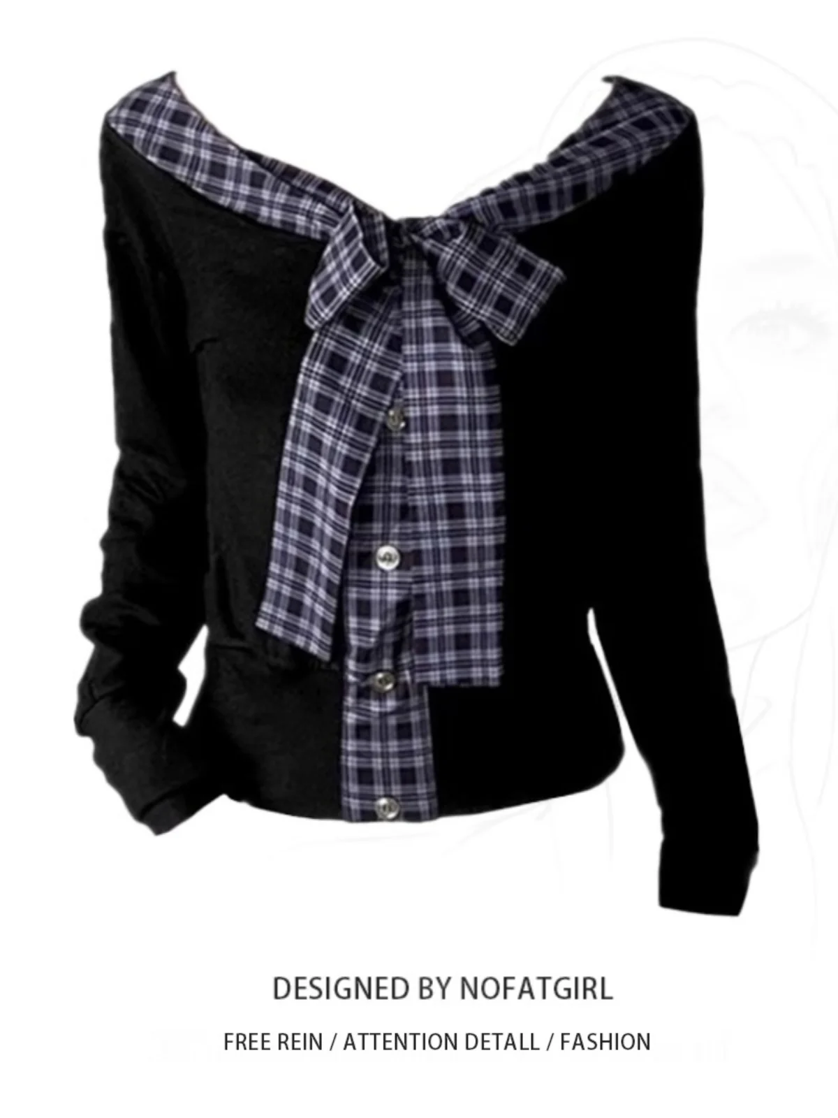 

plus Size Women's Plaid Knot V-Neck Long Sleeve T-Shirt Autumn New Design Splicing Fashion Top Korean Style Slim Fit