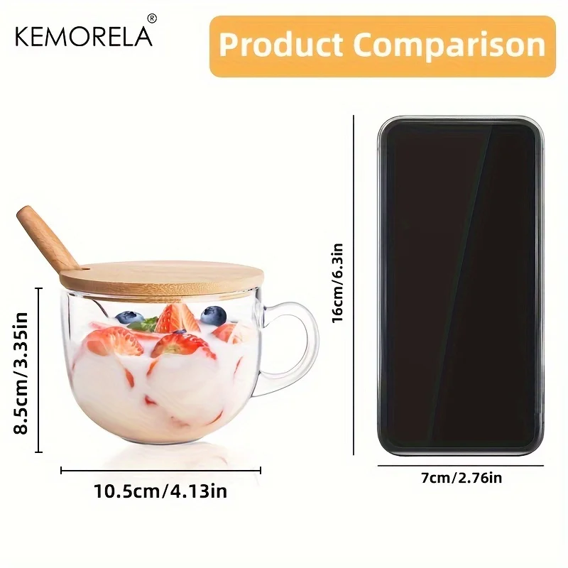 KEMORELA Overnight Oats Cup with Lid and Spoon 400ML Glass Coffee Mug Breakfast Oatmeal Cup Clear Glass Mug For Milk Oatmeal