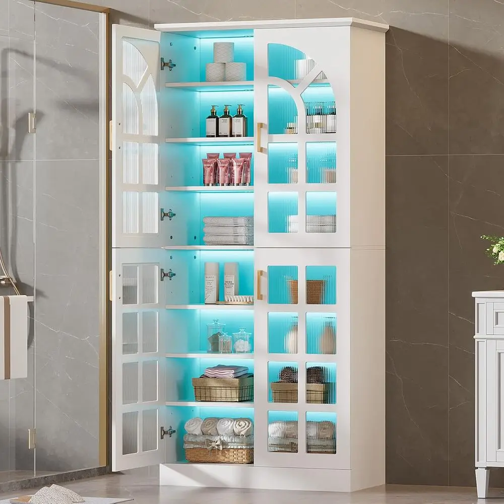 

68.9 High Adjustable Shelf Pantry Cabinet with LED Lights, Multi-Room Storage Solution in White