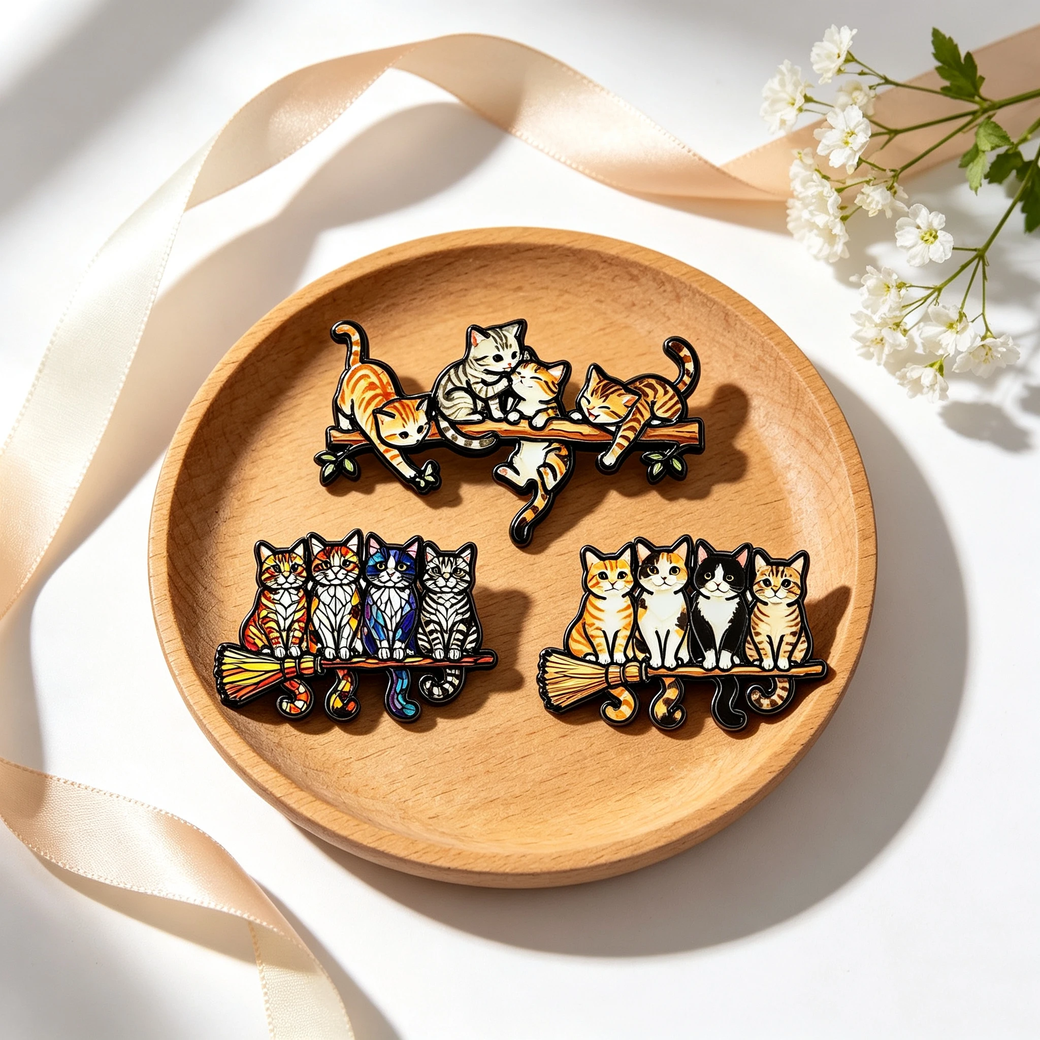 3Pcs Cute Cat Enamel Pins Set, Cartoon Kitten on Branch & Broom Lapel Badges, Decor Brooches for Backpack Clothing Gift