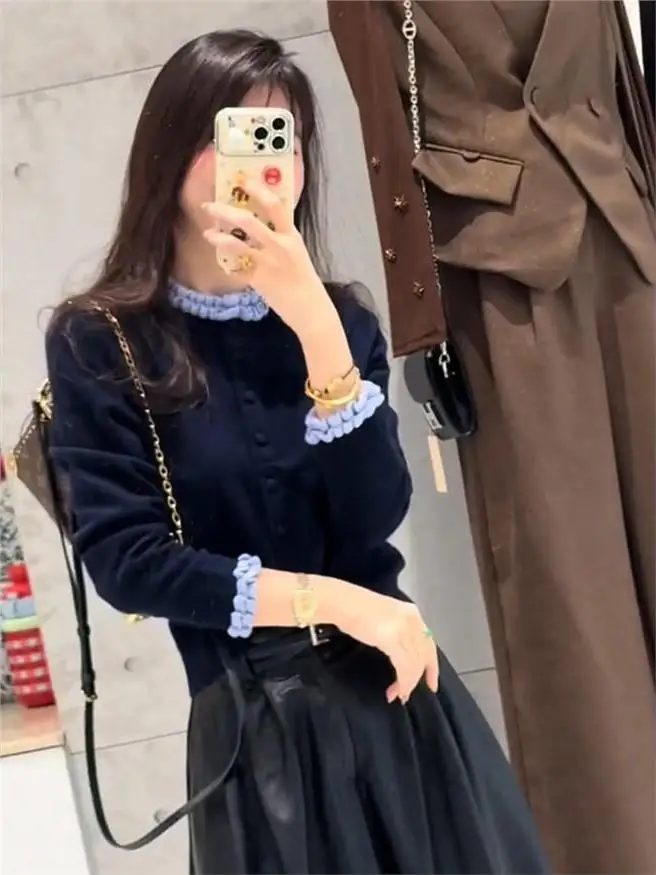 Korean Style Splice Knitted Cardigan Women's Autumn New Fashion Age Reduction Top Match All round Wood Grain  Design