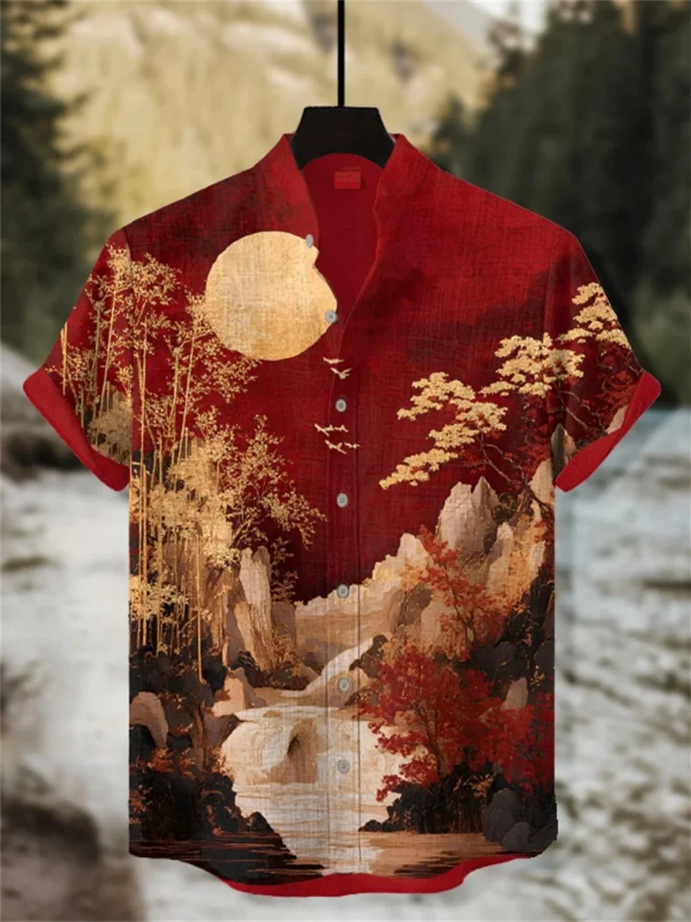 

Men's Summer Casual Short Sleeve Linen Shirt Fashionable Stand up Collar Japanese Retro Samurai Cat Print Open Shirt