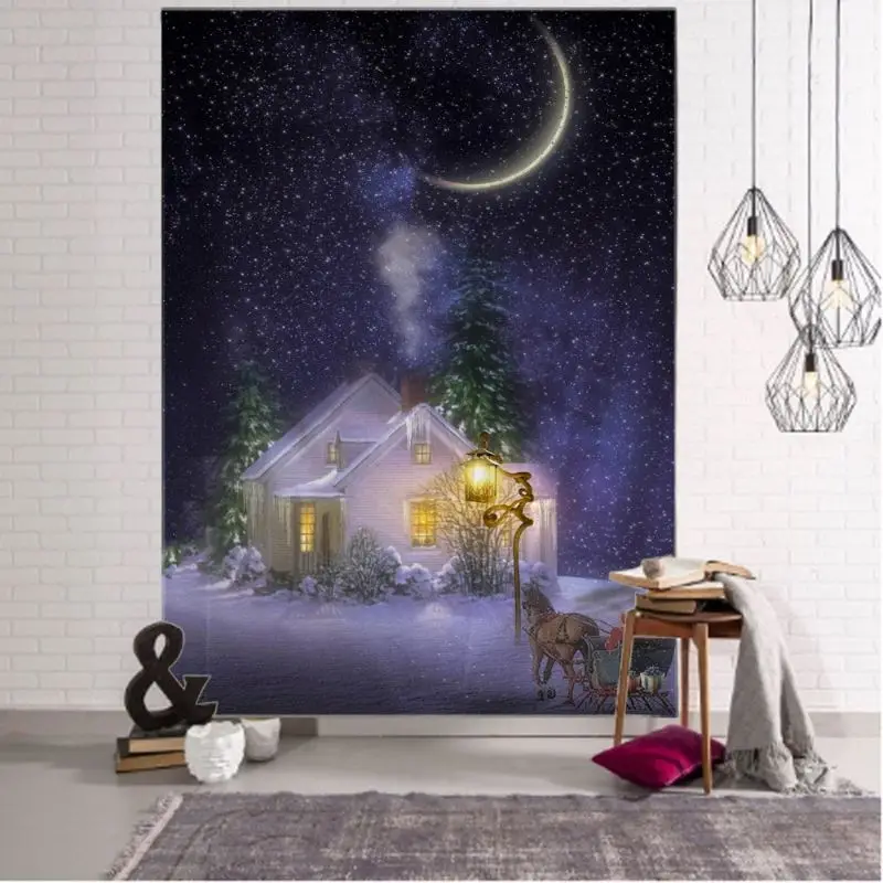 VIKAMA Wall Tapestry Merry Christmas Santa Claus Chimney Shhh Moon Town Home Decor Living Room Bedroom Dorm Aesthetic Print Soft
