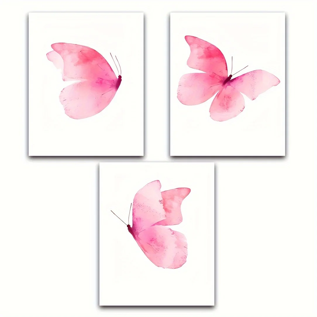 （NoFrame 3pcs）-3pcs Frameless, Pink Butterfly Paintings, Butterfly Wall Art For Room, Wall Decor Butterfly Poster Prints Colo