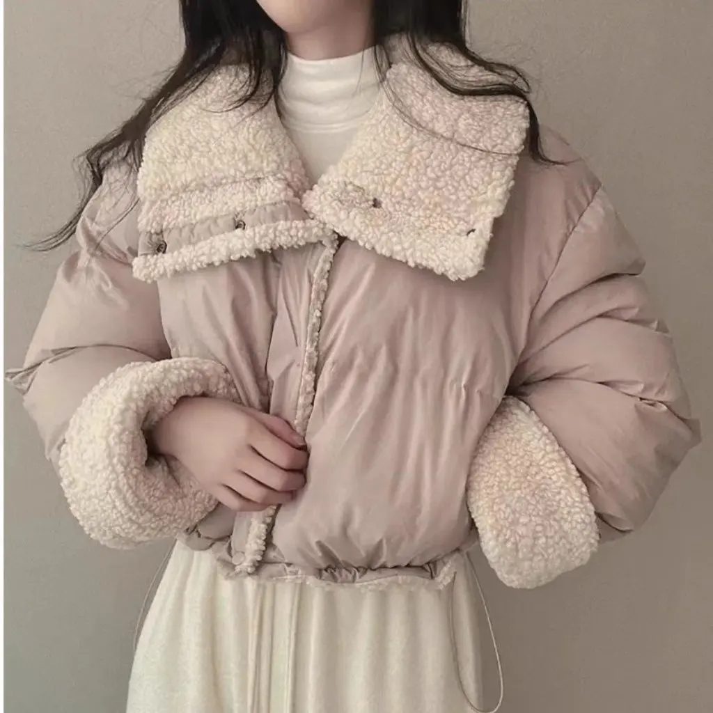 

Women's Double-Sided Wear Lamb Fur Cotton Jacket Short Collar Outerwear Loose Long Sleeve Bread Style Winter Coat