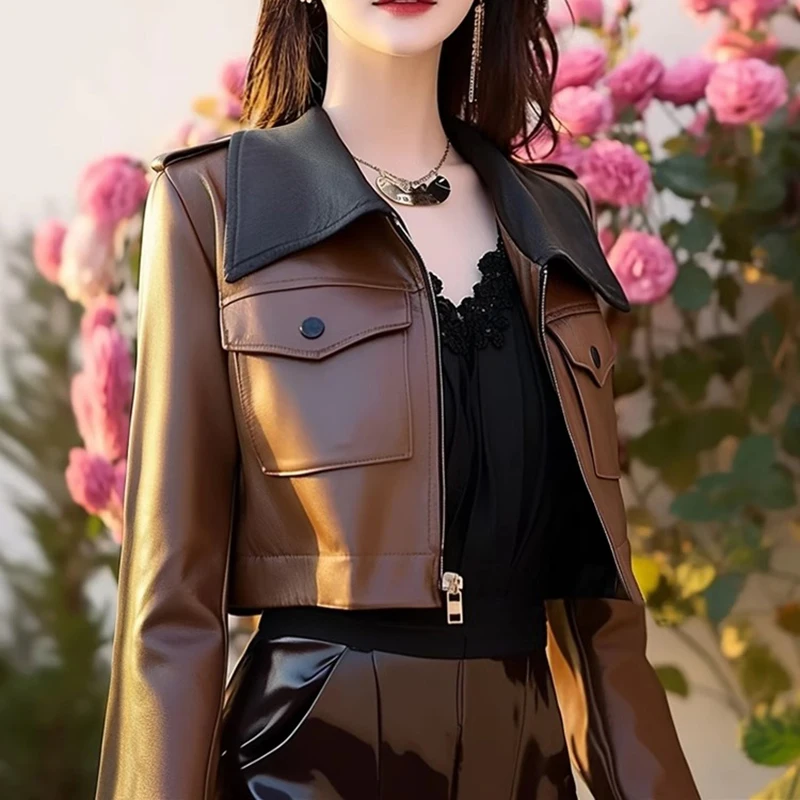 Mulheres jaqueta de couro curto marrom emenda preto turn-down colarinho design nova primavera outono casaco do plutônio estilo zíper manga longa topo