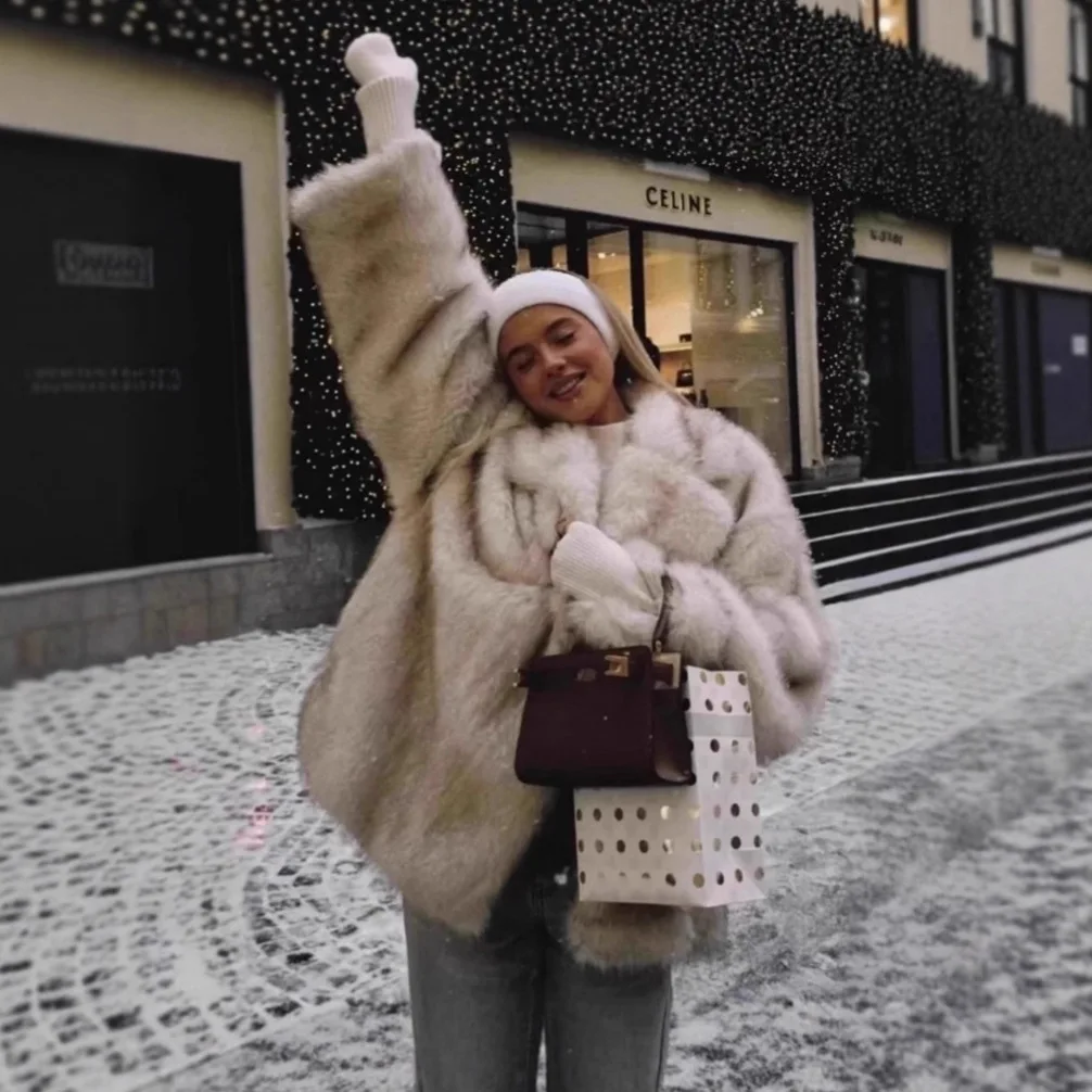 

Slouchy-Style Suit Collar Loose Female Mink Fur Coat Instagram-Style Thick Lady Faux Fur Coat Gradient Winter Women Fur Jacket