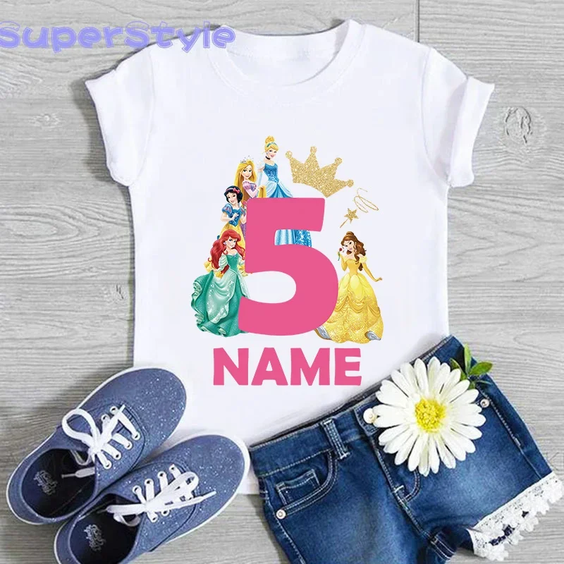 Children Birthday Party Princess Costume Shirt Girls 1 2 3 4 5 6 7 8 9 Years Disney Princess Birthday Custom Name Kids T Shirts