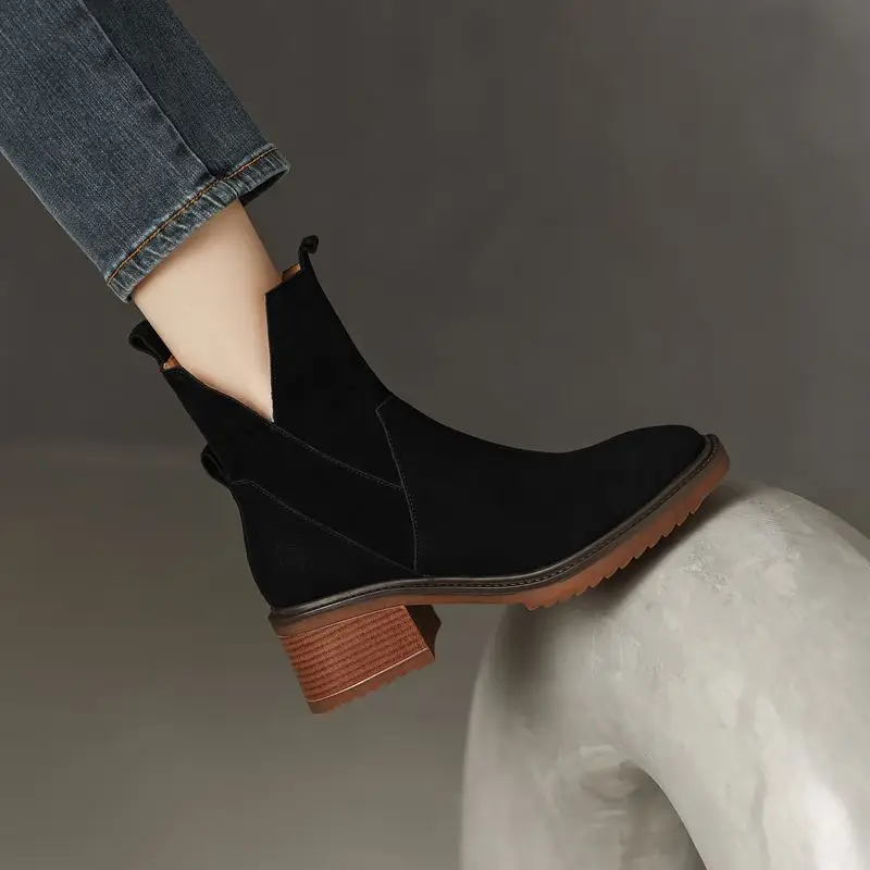 MORAZORA 2022 Size 34-43 New Cow Suede Leather Women Boots Square Heel Ankle Boots Fashion Black Apricot Autumn Winter Boots