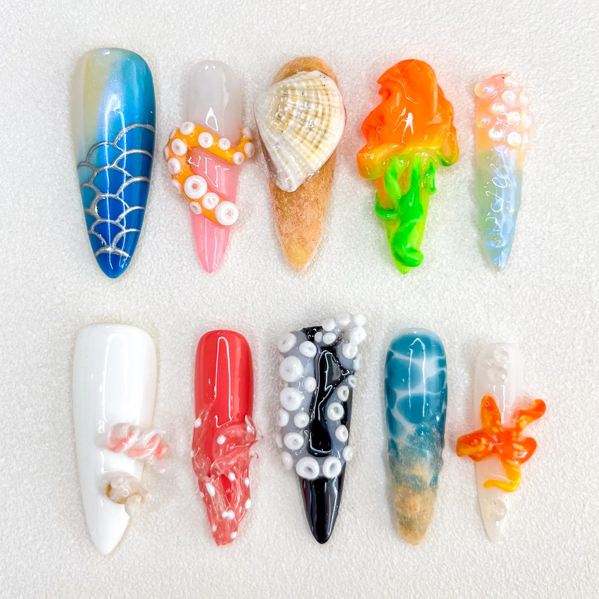 [3D] Octopus Series Embossed Ocean Series Bright Manicure Pressing Nails Send Kit Medium and Long Nails Fake Simulation Octopus