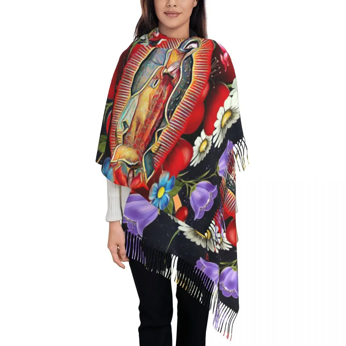 Printed Our Lady Of Guadalupe Scarf Men Women Winter Fall Warm Scarves Mexican Virgin Mary Mexico Flowers Tilma Shawls Wraps