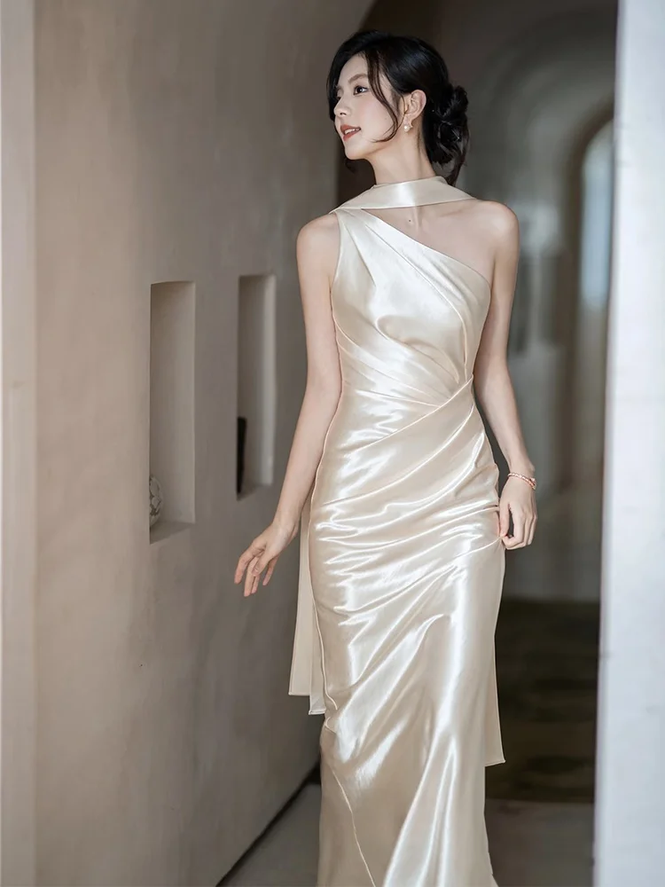 

Ele Hanging Ne Evening Gown Single oulder Wedding Dr Host Ball Dr New Bride Morning Robe Faionable mid Waist