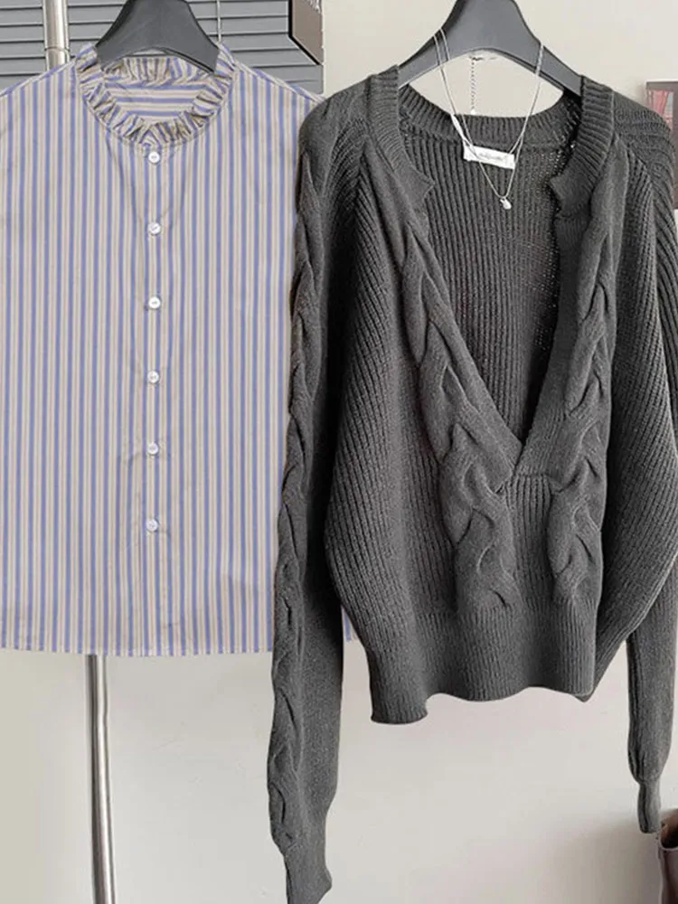 Set top gilet lavorato a maglia a righe casual e confortevole, due pezzi, design antietà coreano Sle Commute Faion