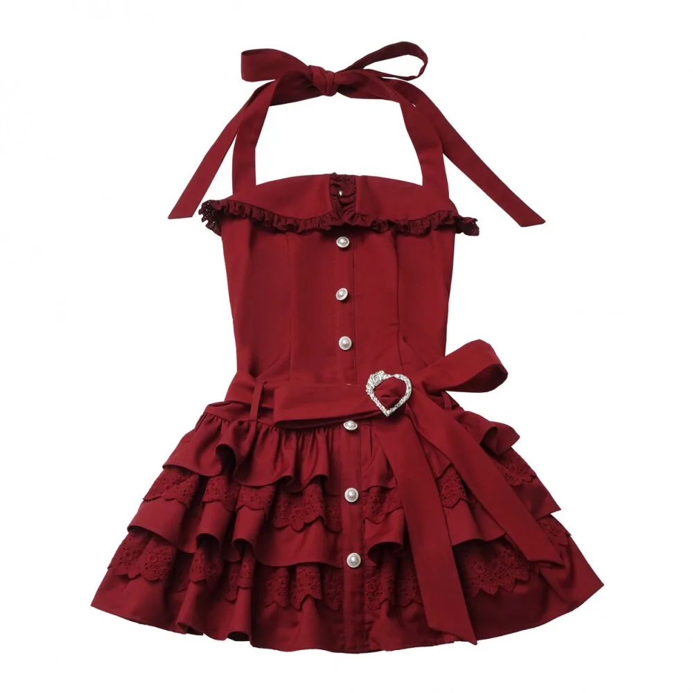 

Sweet Lolita Red Halter Neck Tiered Dress with Lace Black Mesh Cardigan 2-Piece Set Sold Separately Goth Outfit
