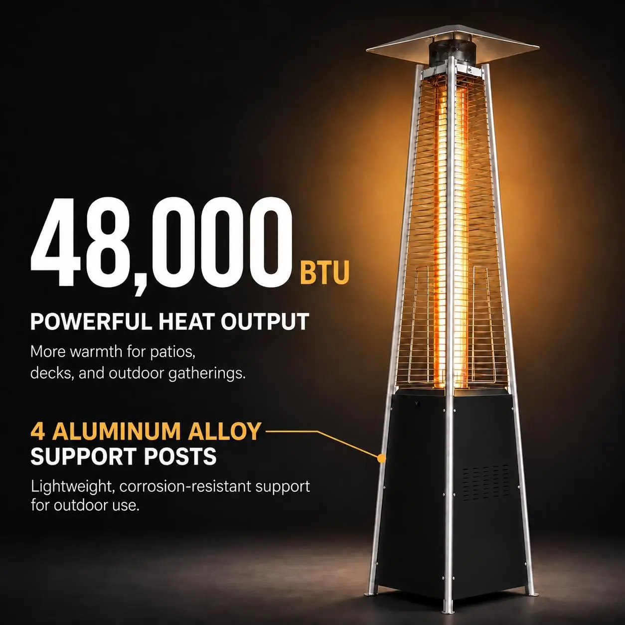 48,000 BTU Pyramid Propane Patio Heater, Freestanding Outdoor Gas Heater with Glass Tube Flame Tower, Wheels & Battery Ignition, Waterproof Cover Included