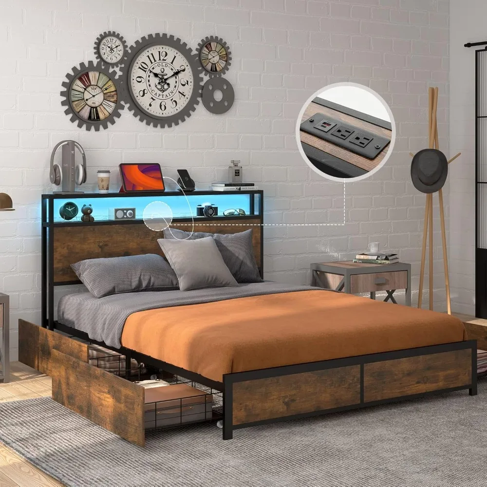 Intelligent LED Bed Frame, Headboard and 4 Storage Drawers, Metal Platform Bed with Socket and USB Port Charging Station