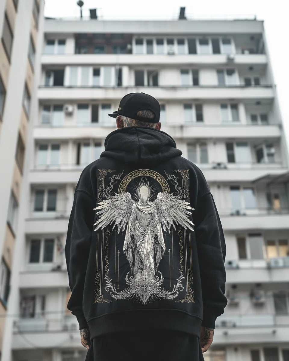 Men's Hoodie Faceless Six Winged Angel Gothic Decorative Frame Printed Death Metal Pattern Dark Street Wear Men's Top