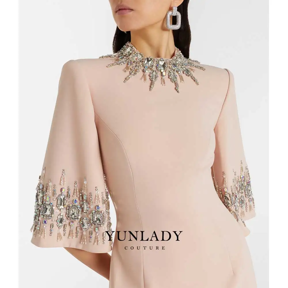 

Customized Luxury Dubai Pink Crystal-Embellished Gown Mermaid Evening Dress Midi Sleeve Arabic Women Beaded Wedding Party Dress