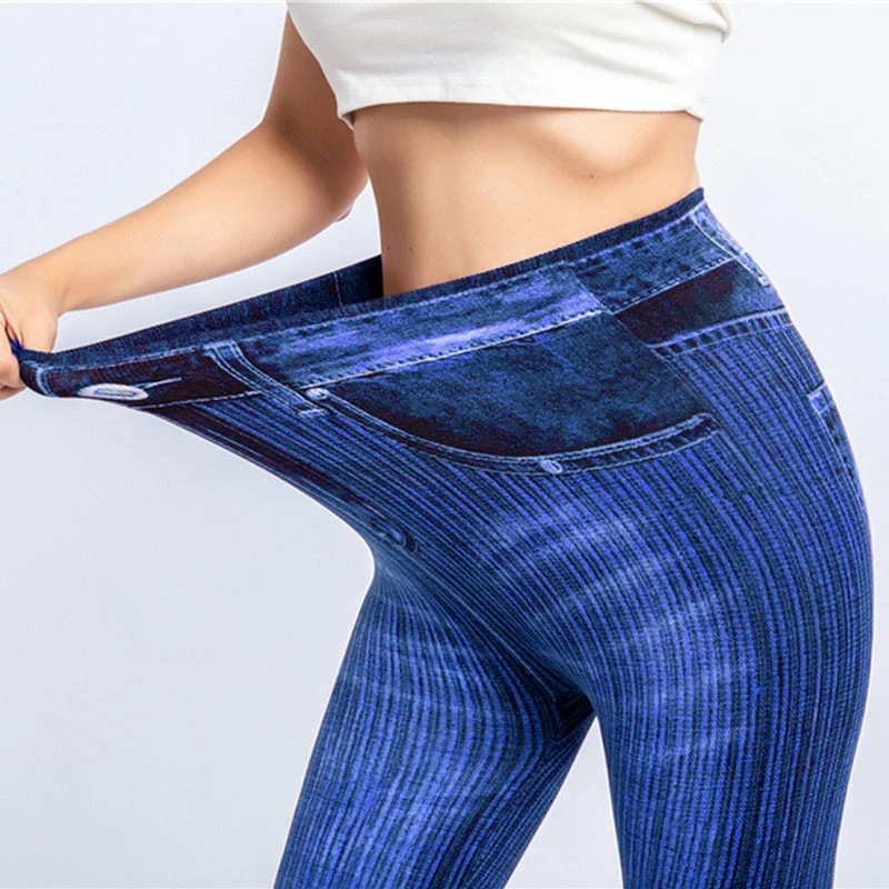 CUHAKCI High Waist Blue Fake Jeans Pure Color Women Sports Yoga Leggings Slim Fit Absorbent Hip Lifting Tight Elastic Pants