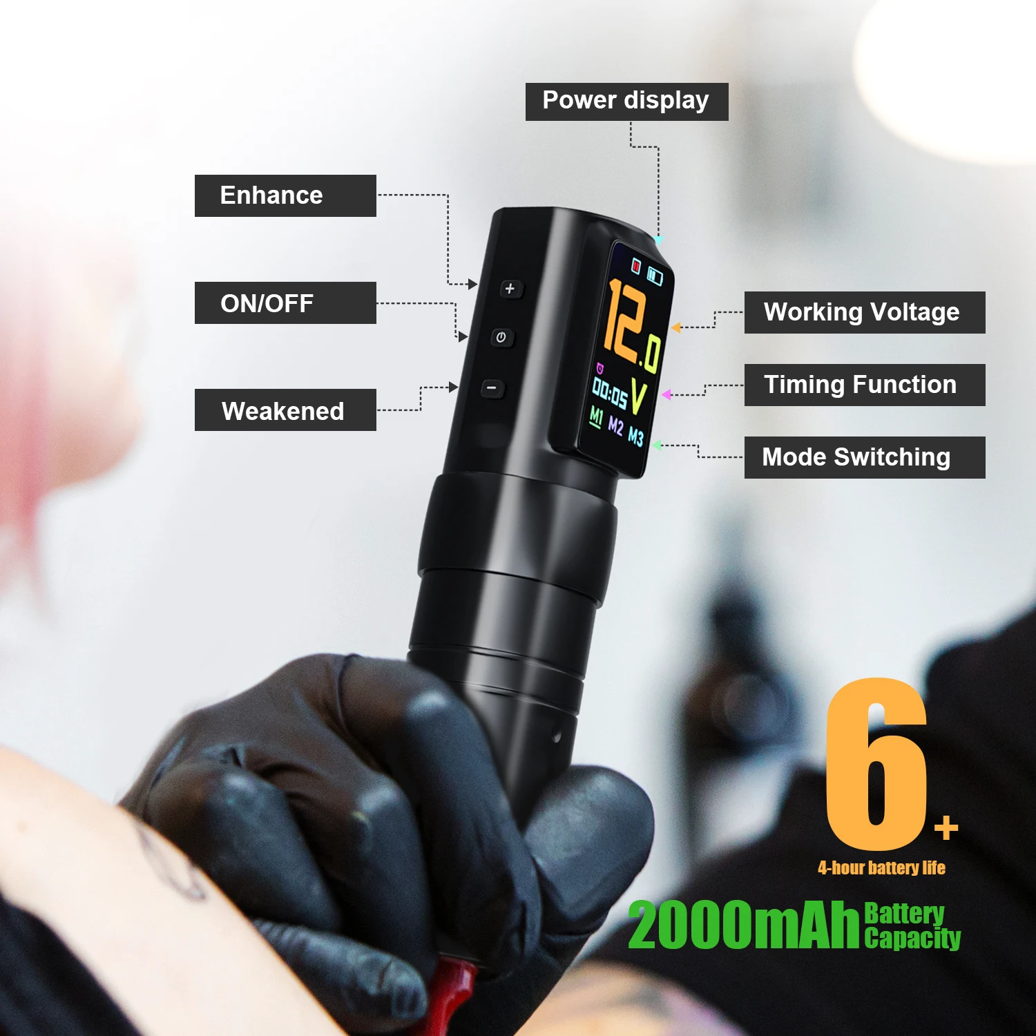 Wireless Tattoo Machine Pen Adjustable Handle IPS Screen 3 Modes Stroke 4.0mm with Timing Function Tattoo Guns for Tattoo Artist