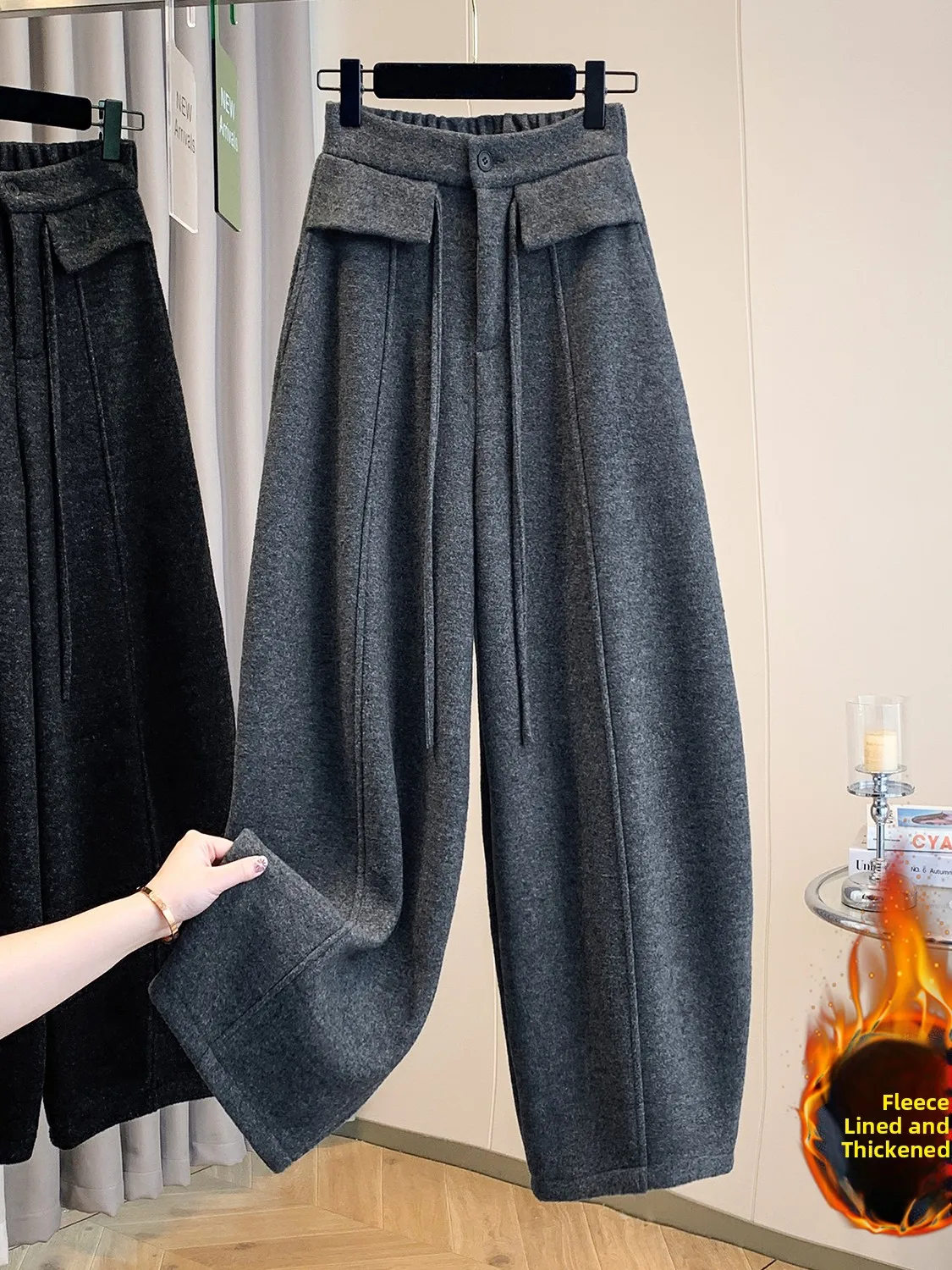 Artistic Design Fleece Lined Woolen Wide Leg Knife Pants Casual Drawstring Trousers Balloon Pants Winter Large Size Women's F...