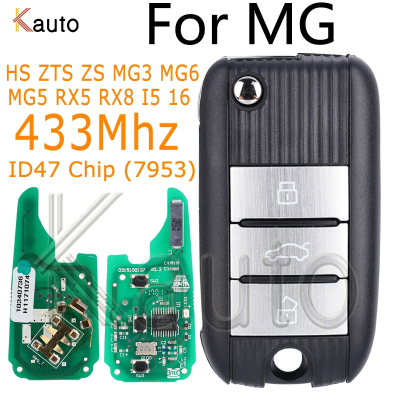 For MG HS ZTS ZS MG3 MG6 MG5 RX5 RX8 I5 I6 Smart Remote Control Car Key 433Mhz ID47 Chip 7953 Folding remote car key 3 Buttons