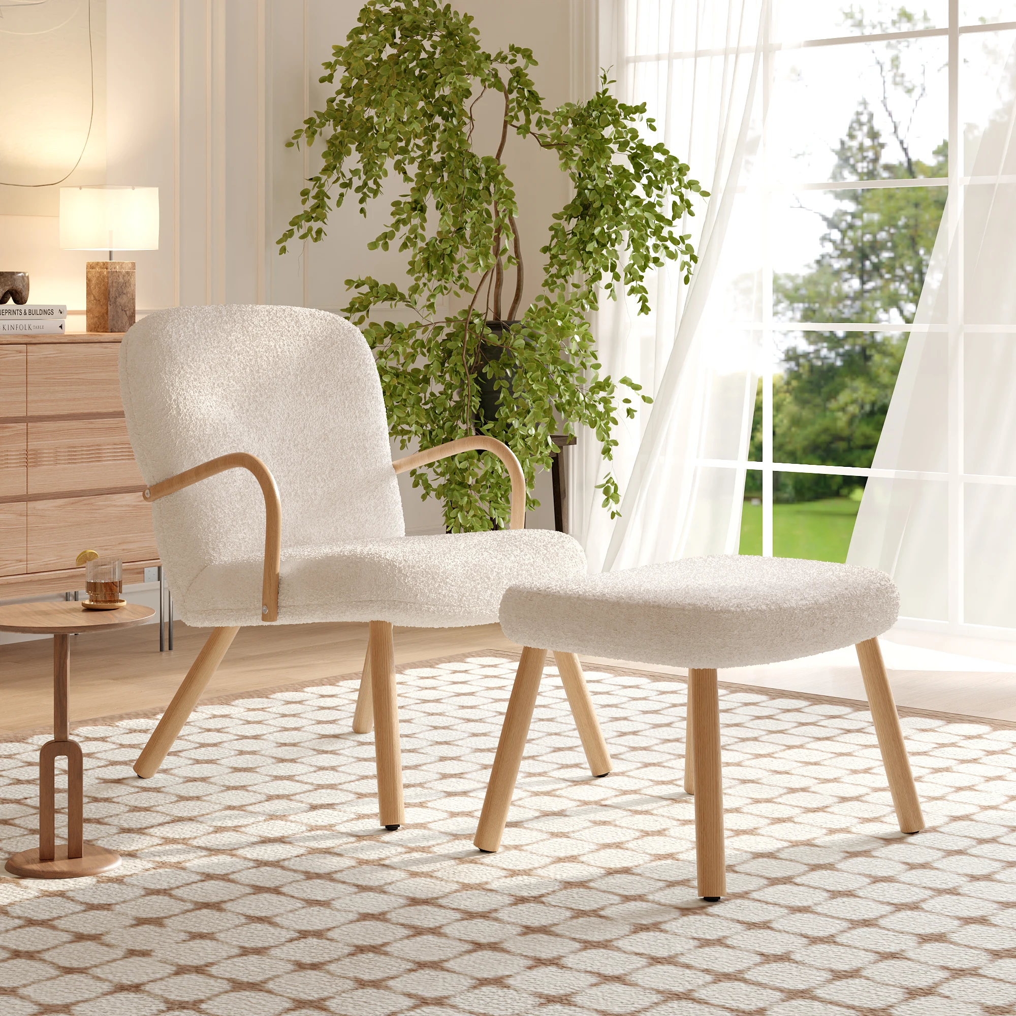 2 piece set Cashmere Chair ,With Footrest，Dining Chair,Beige-64×67×82cm+60×44×41cm