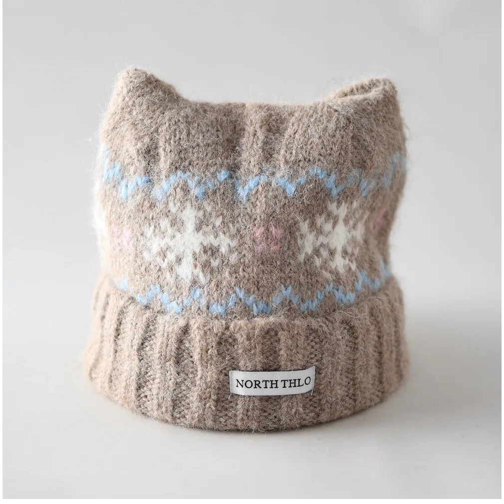 Cute Cat Ear Wavy Snowflake Cloth Label Knit Beanie Cap Women Autumn Winter Windproof Warm Earflap Versatile Unique Knitted Cap