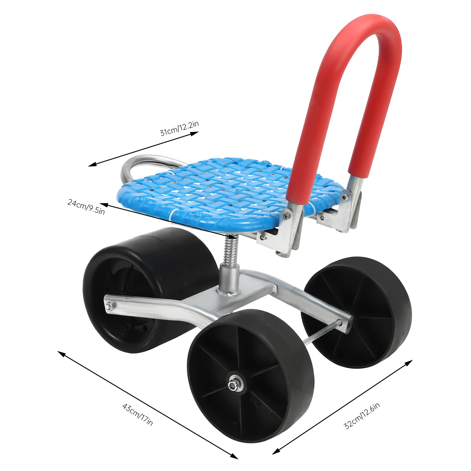 Rolling Work Seat for Garden, High-Carbon Steel Frame with PP Seat and PE Wheels, Adjustable Height for Lawn and Farm