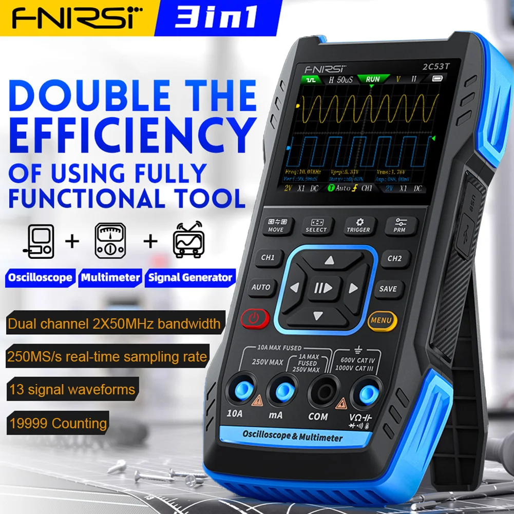 FNIRSI 2C53T 2C23T Upgrade 3in1 Oscilloscope Multimeter Signal Generator 50MHz Bandwidth 250MS Rate Dual Channel 20000 Counts