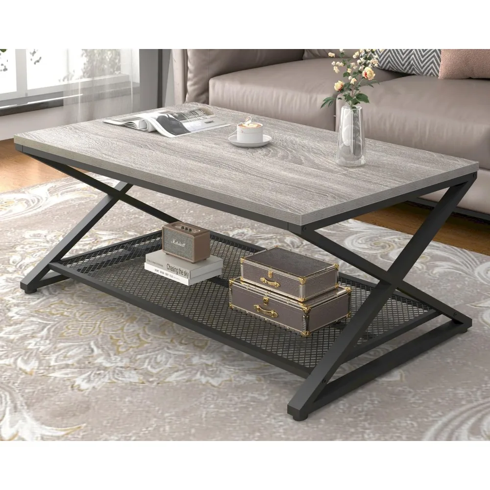 

Gray Coffee Table with Storage, Farmhouse Metal Wood 2 Tier Center Table for Living Room, Industrial Wooden Rectangular Conc