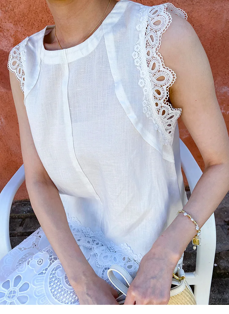 French Style Vintage Tank Blouse Shirt Women Linen Sleeveless Hollow Out Embroidery Loose Sheer Vacation Boho Ladies Summer Tops view 5