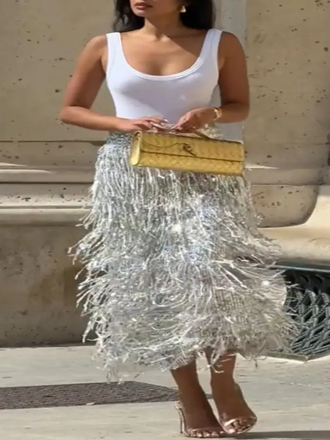 Shiny Sequin Half-length Skirt Women's  Color Long Dress Bar Fashion Crystal Clear Split One-step Evening Gown