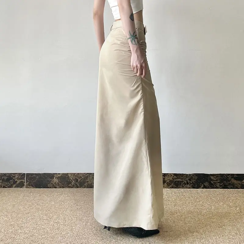 Fishtail Lange Rok Met Sjerpen Elegante Mode Solide Sexy Slanke Maxi-Rokken Met Middelhoge Taille Vrouwen 2024 Zomermode Streetwear