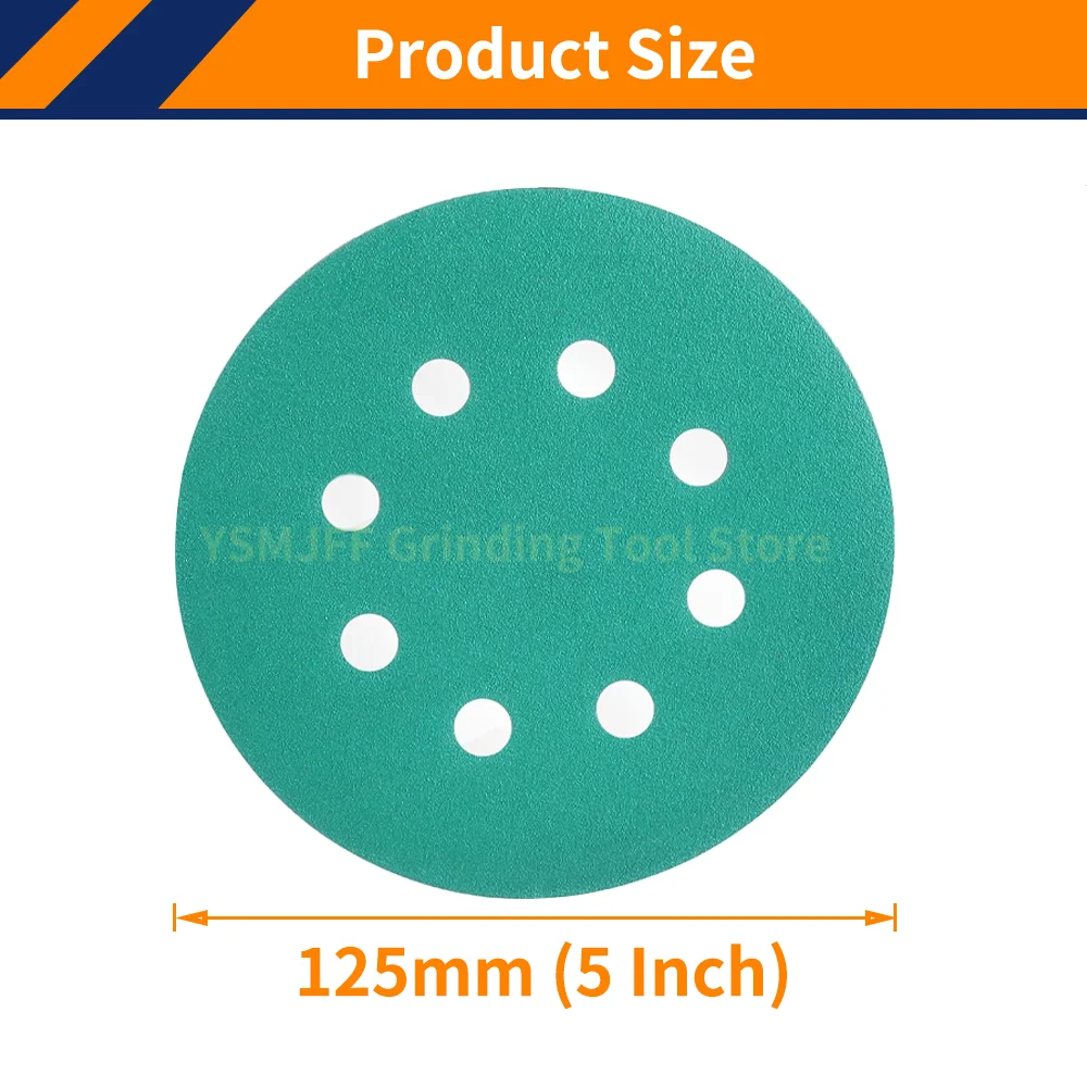 50PCS 5Inch 8Hole Green Sanding Disc Polyester Film Backed Heavy-Duty Hook&Loop Sandpaper 40-2000 Grit for Random Orbital Sander