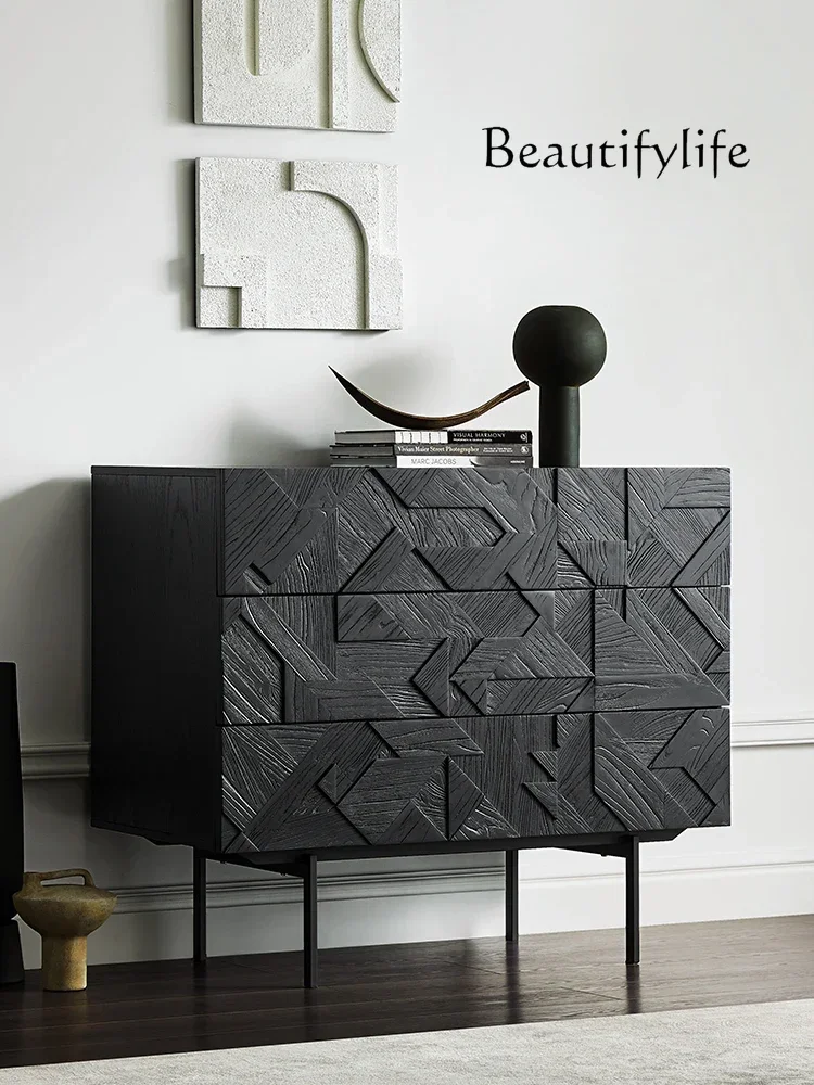 American-Style Middle-Ancient Household Industrial Style Solid Wood Mosaic Three-Drawer Cabinet