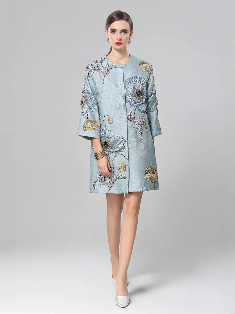 High-end Relief Jacquard Embroidery Heavy Bead Jacket Women's Spring New Fashion Retro Loose Elegant Mid-length Trench Coats