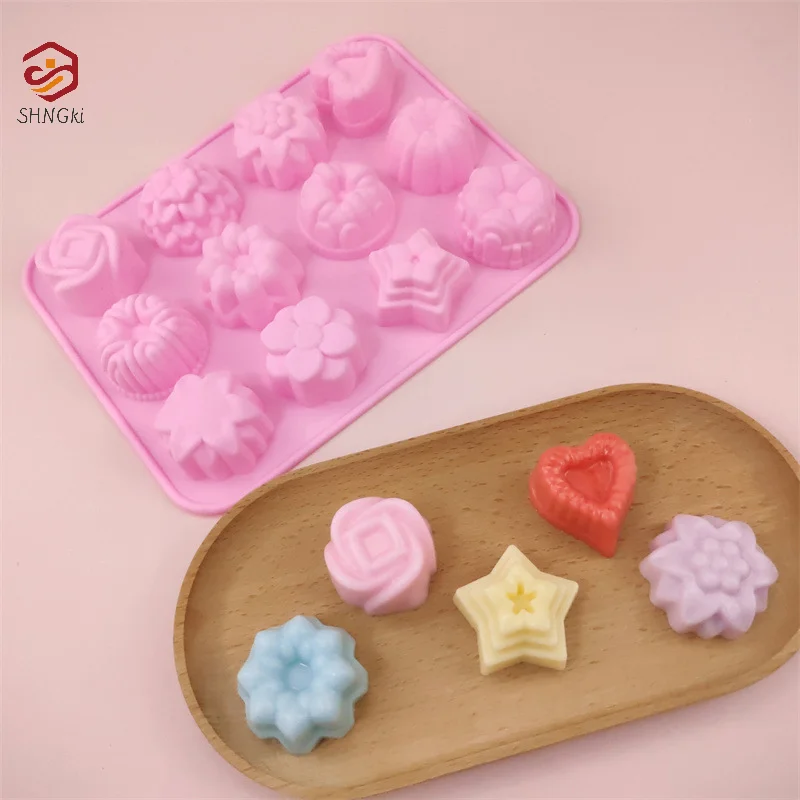 12 Holes Silicone Pastry Chocolate Molds For Oven Individual 3D Mini Dessert Flowers Heart Star Muffins Cupcake Baking Pan Tray