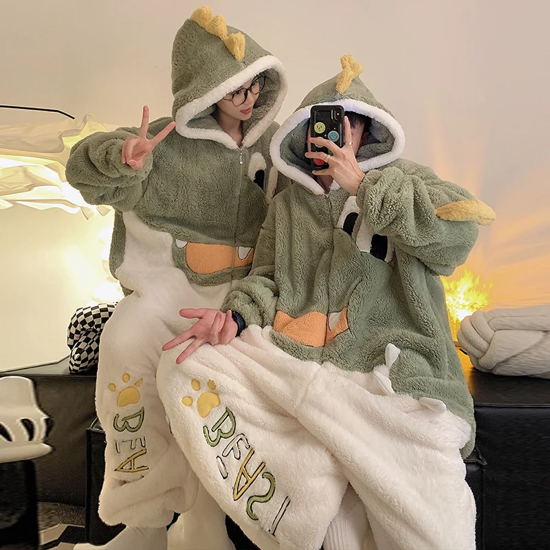 Kigurumis Dinosaur Pajamas Jumpsuits Women Sleepwear Adult Men Homewear Couples Hooded Pyjamas Thick Onesie Velvet Zipper