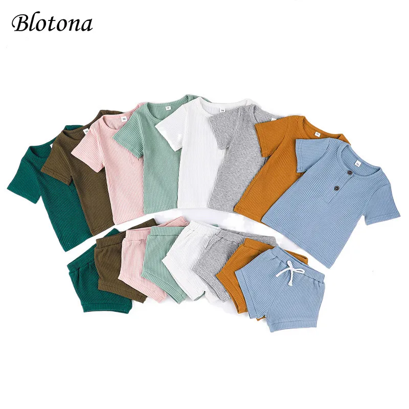 

Blotona Infant Baby Shorts Set Ribbed Button Short Sleeve Crew Neck Tops + High Waist Casual Shorts Summer 2Pcs Set, 6-24Months